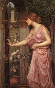 Waterhouse, Psyche che apre la porta nel giardino di Cupido