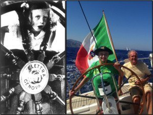 A sinistra: Elettra Marconi a bordo della nave Elettra, 1936 A destra: Elettra Marconi e Gianfranco Oradini, 2015. Alle spalle l'isola di Idra; di fronte il Peloponneso